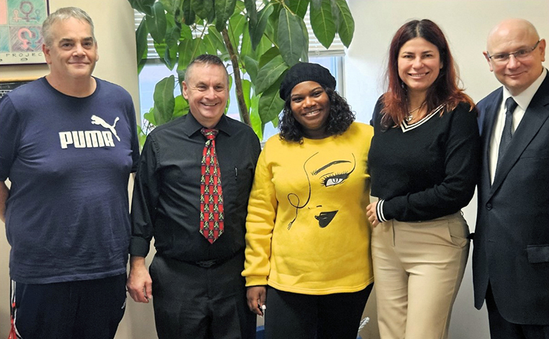 From left to right, Jason Hunt (Residence Coordinator at Miron Drive) trainer for the FLS program and earlier graduate, John M. McPhee, Staff Development Coordinator, FLS graduate Tykiesha Thatcher (Residence Coordinator at Pleasant Ridge), FLS graduate Carmen La Serna (Residence Coordinator at Unionvale) and Sam Laganaro, Executive Director.